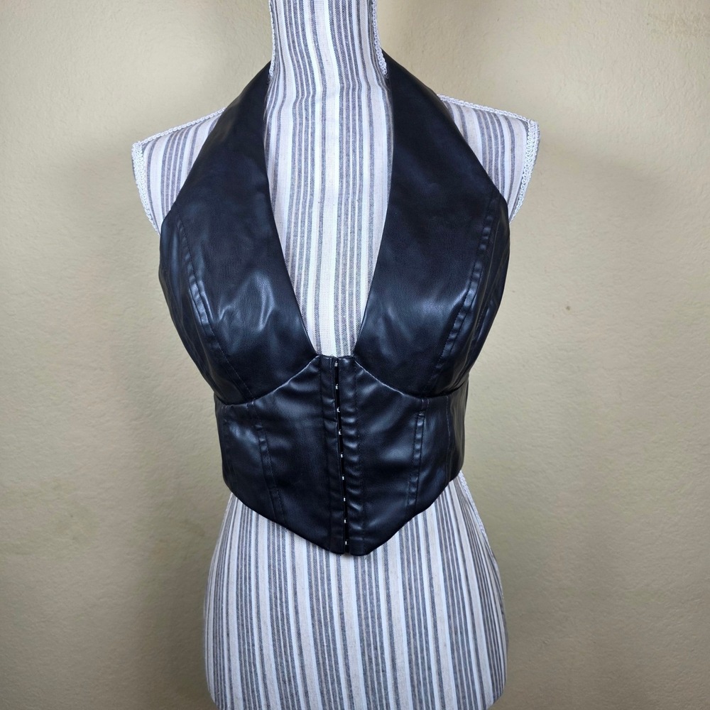 Privy Womens Black Faux Leather Halter Corset Top Hook Eye‎ biker goth whimsy